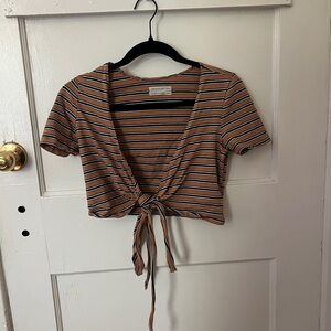 Urban Outfitters Brown Striped Wrap-Tie Crop Top
